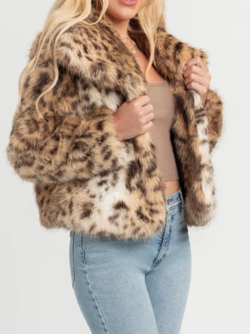 Jessica Simpson Leopard-Print Faux Fur Jacket - Cream & Brown - Picture 7 of 12